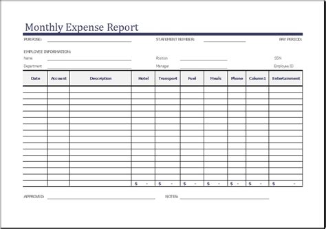 monthly expense report template excel